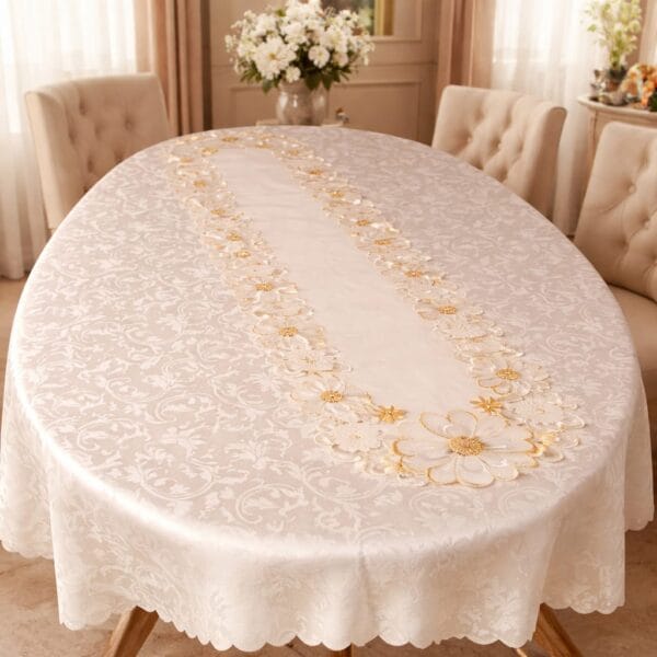 Set fata de masa alba cu broderie aurie
