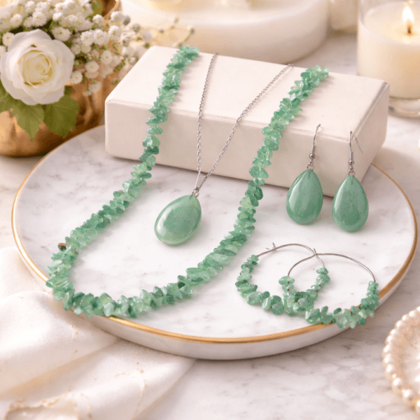 Set colier Flori de piatra verde